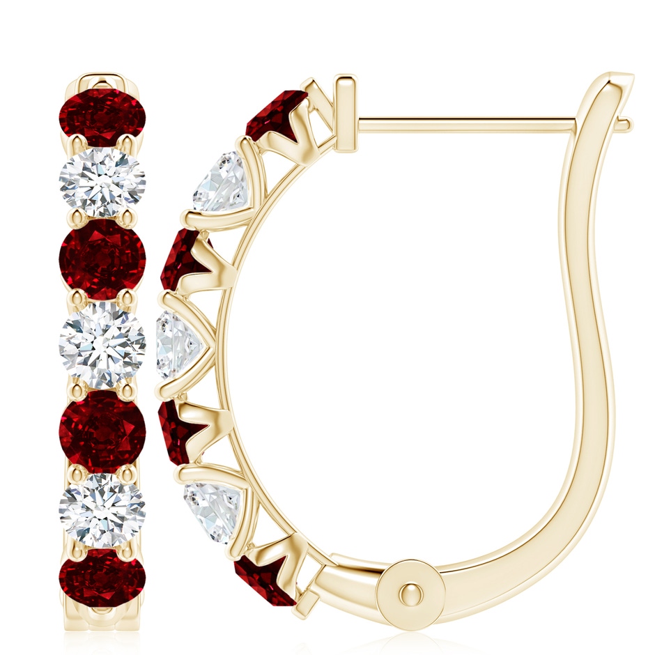4mm AAAA Ruby and Diamond Huggie Hoop Earrings in Yellow Gold 