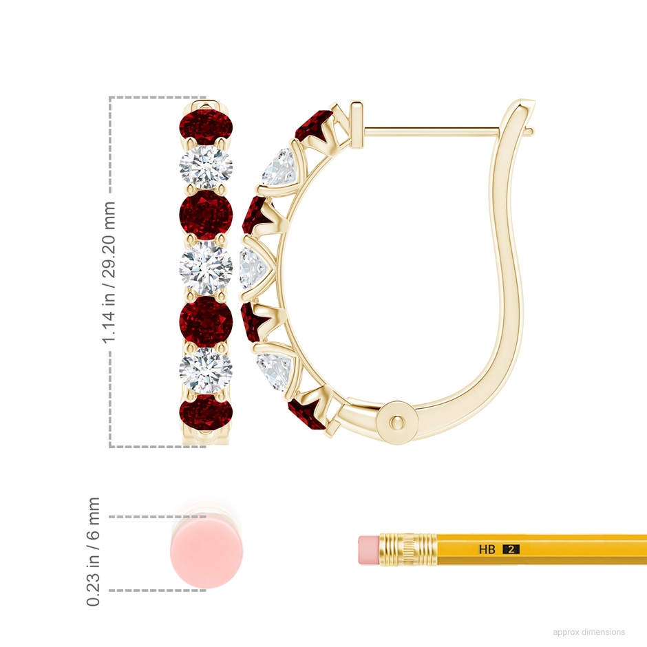 4mm AAAA Ruby and Diamond Huggie Hoop Earrings in Yellow Gold ruler