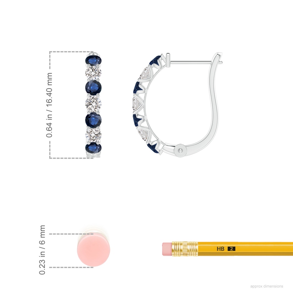 2.5mm AA Sapphire and Diamond Huggie Hoop Earrings in 18K White Gold ruler