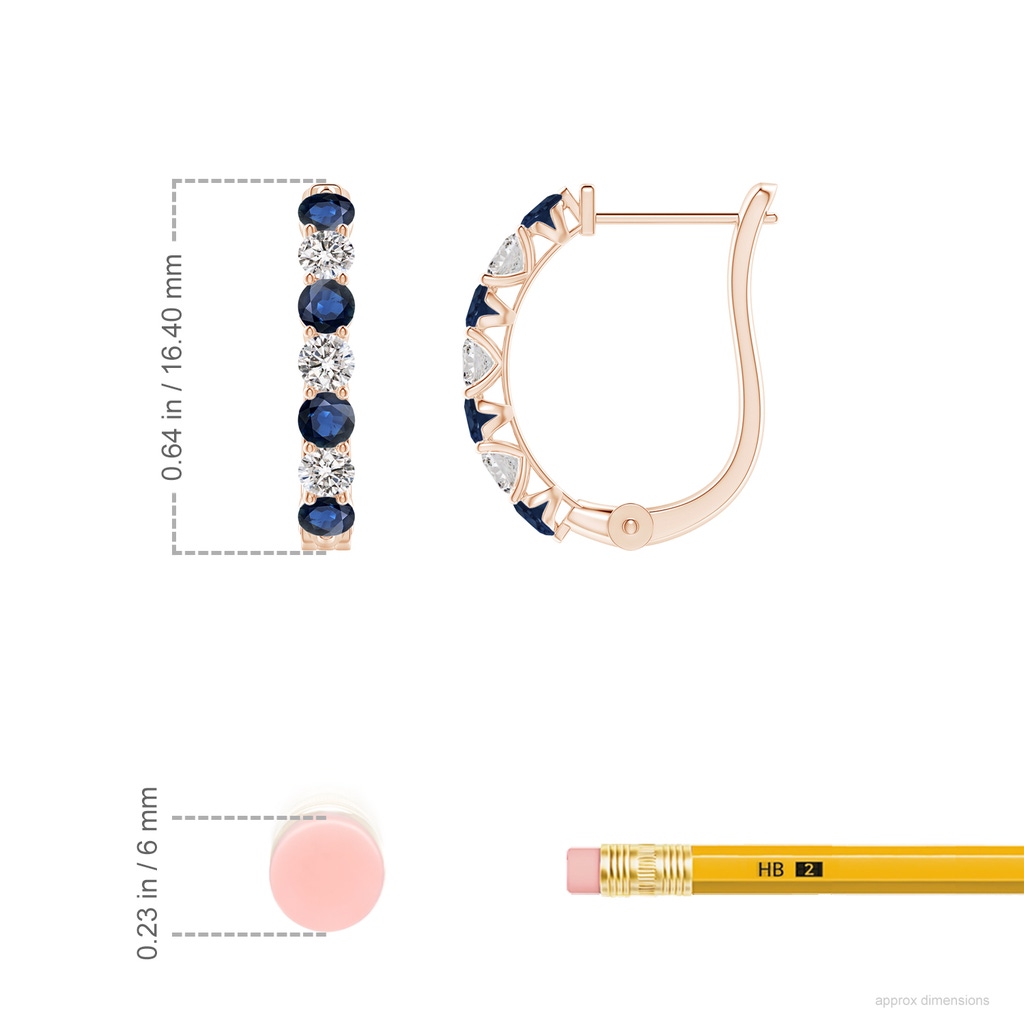 2.5mm AA Sapphire and Diamond Huggie Hoop Earrings in Rose Gold ruler