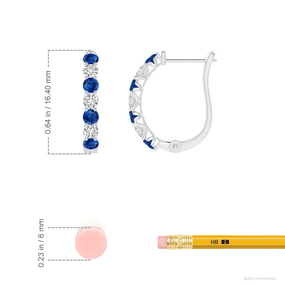 2.5mm AAA Sapphire and Diamond Huggie Hoop Earrings in White Gold ruler