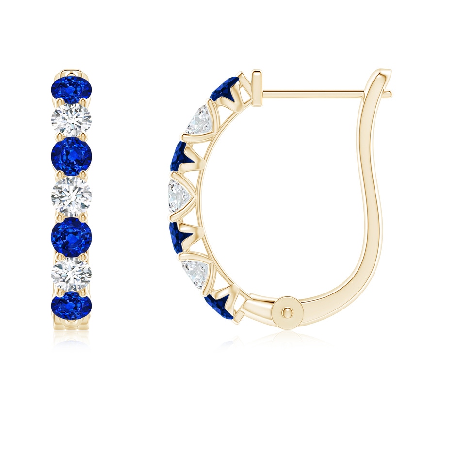 2.5mm AAAA Sapphire and Diamond Huggie Hoop Earrings in 18K Yellow Gold 