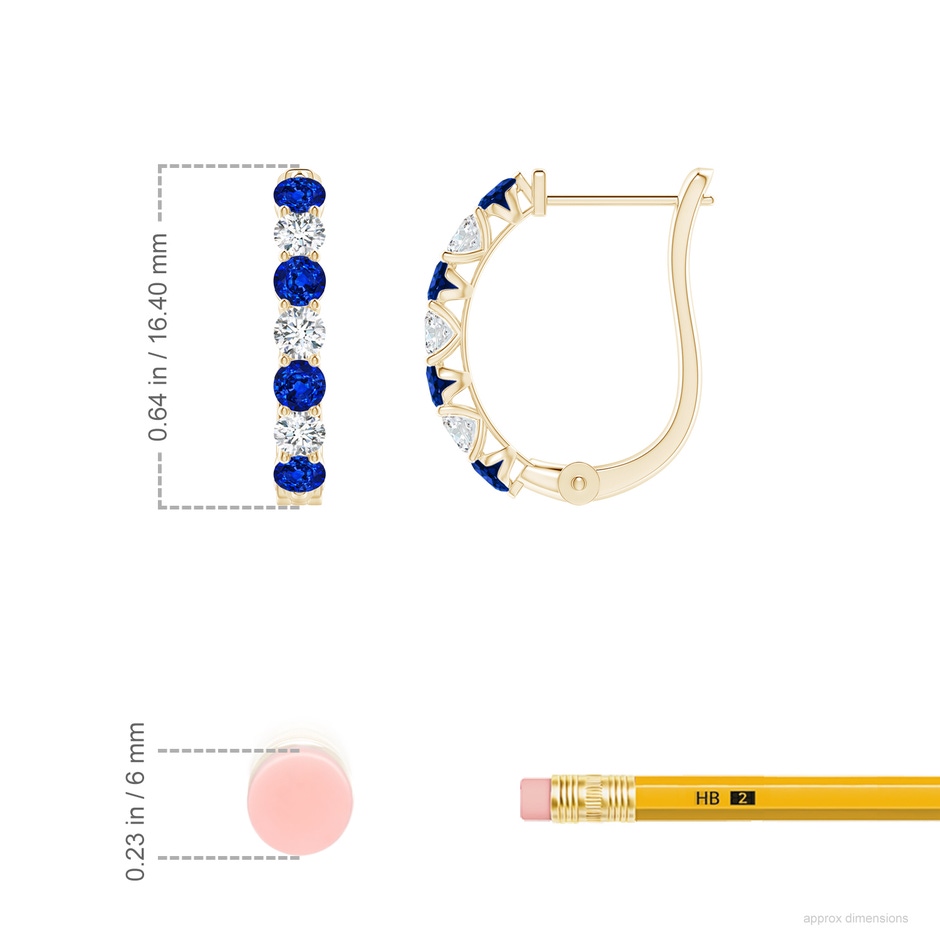 2.5mm AAAA Sapphire and Diamond Huggie Hoop Earrings in Yellow Gold ruler