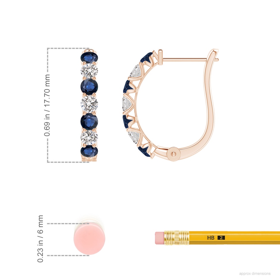 2.8mm AA Sapphire and Diamond Huggie Hoop Earrings in Rose Gold ruler