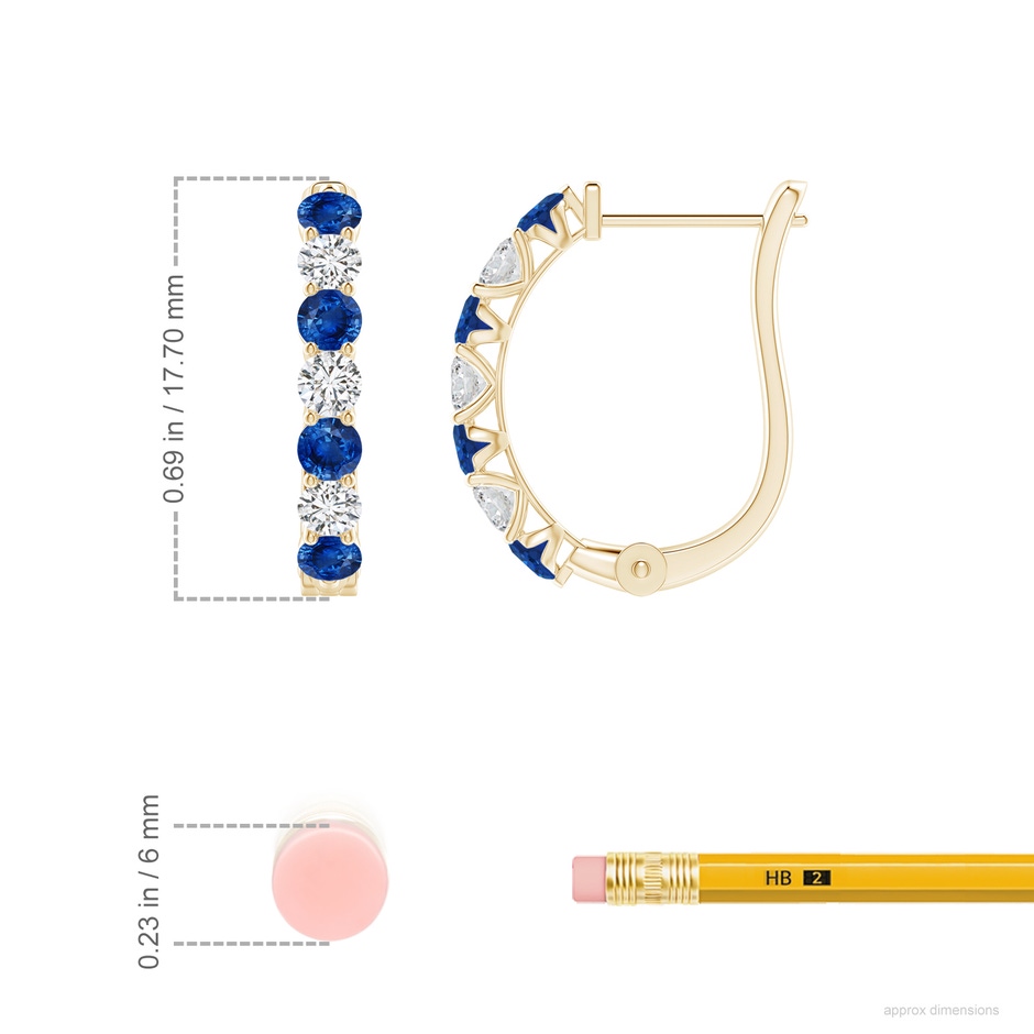 2.8mm AAA Sapphire and Diamond Huggie Hoop Earrings in Yellow Gold ruler