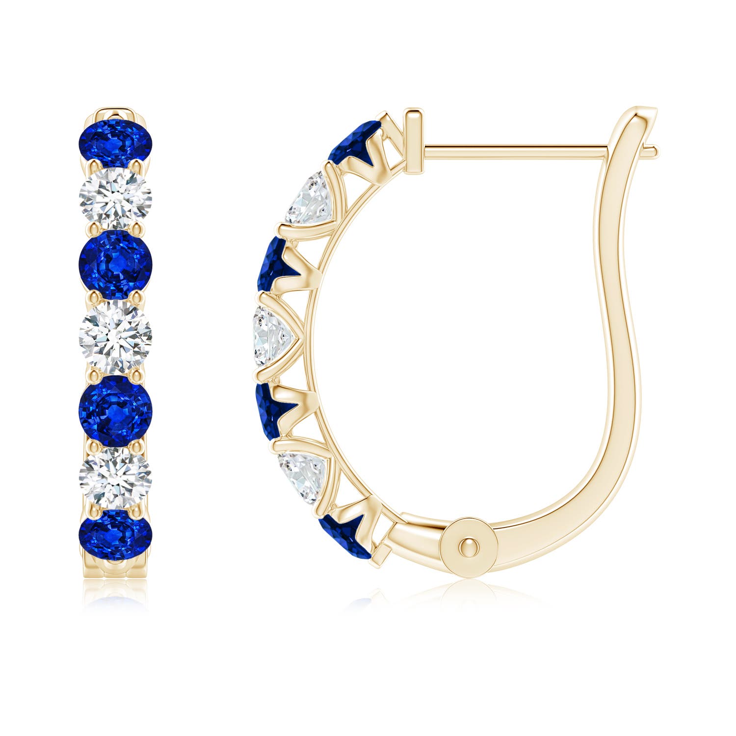 2.8mm AAAA Prong-Set Blue Sapphire and Diamond Huggie Hoop Earrings in 18K Yellow Gold