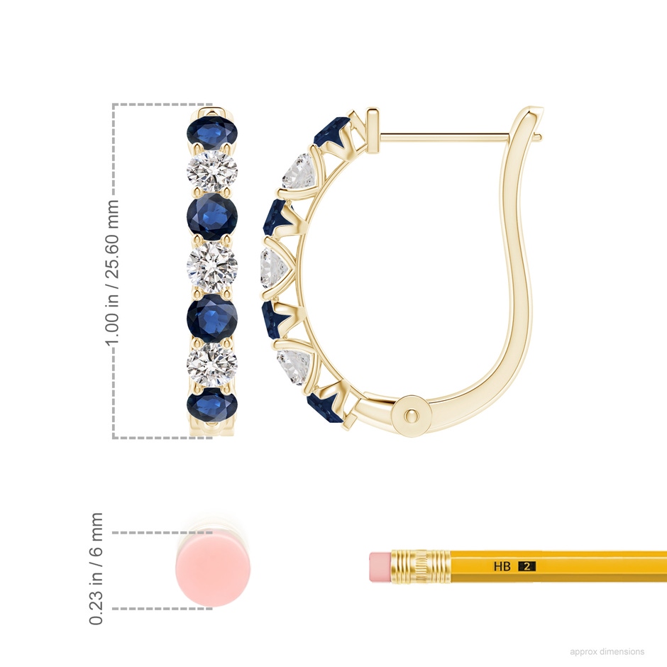3.5mm AA Sapphire and Diamond Huggie Hoop Earrings in Yellow Gold ruler