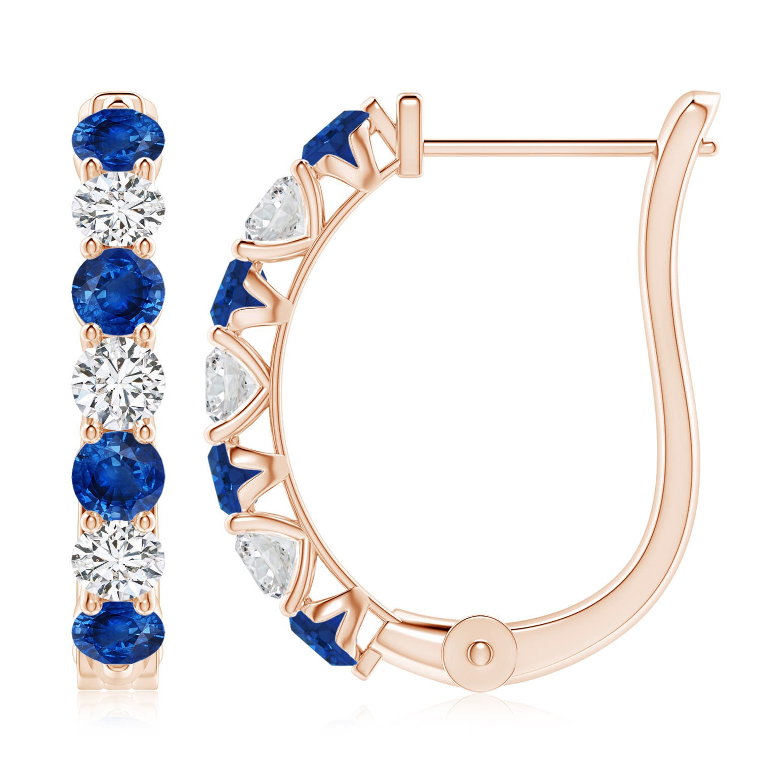 3.5mm AAA Prong-Set Blue Sapphire and Diamond Huggie Hoop Earrings in Rose Gold