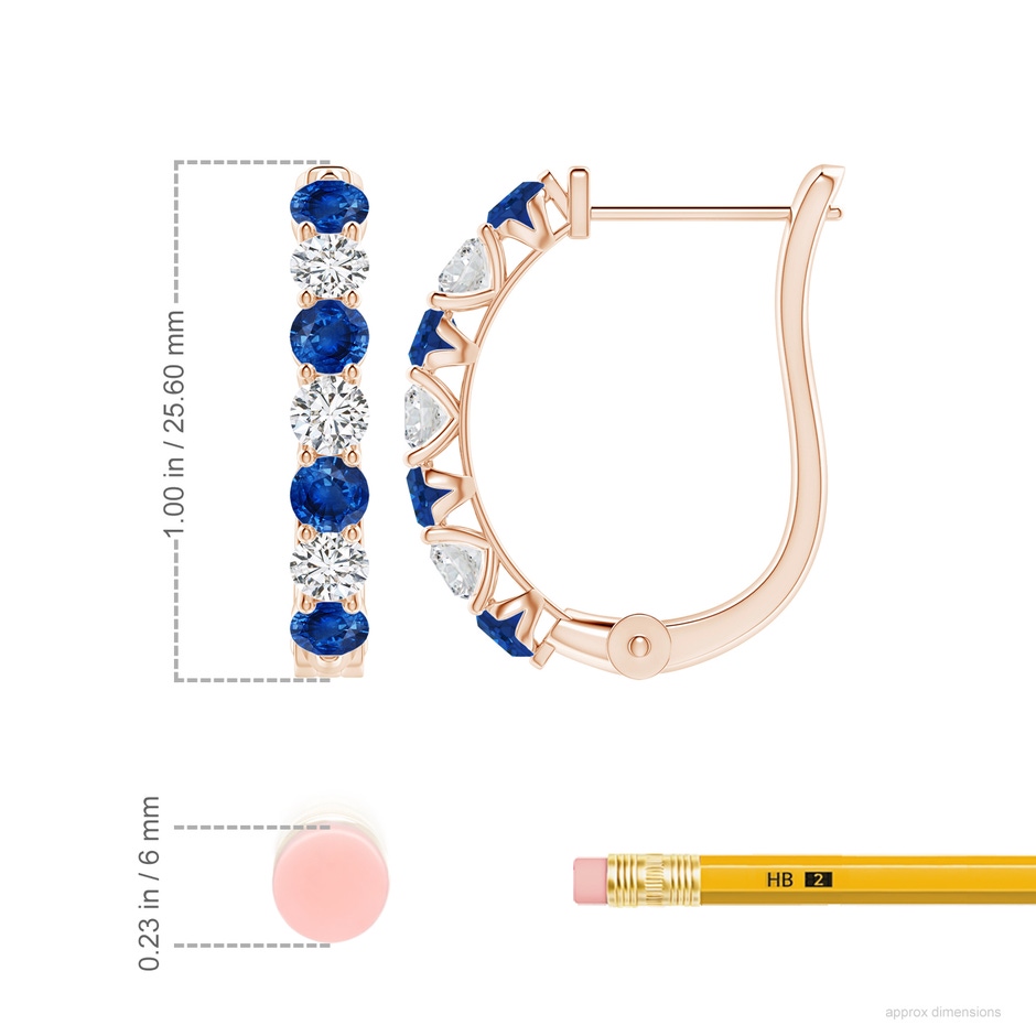 3.5mm AAA Sapphire and Diamond Huggie Hoop Earrings in Rose Gold ruler