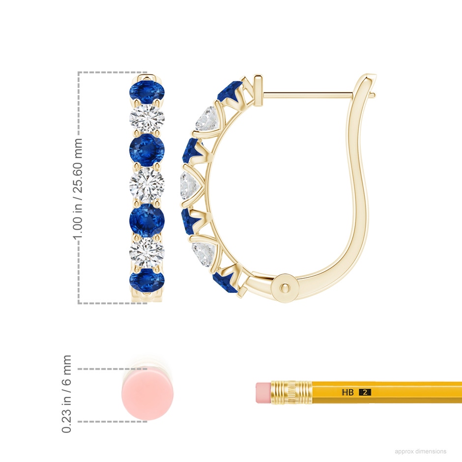 3.5mm AAA Sapphire and Diamond Huggie Hoop Earrings in Yellow Gold ruler