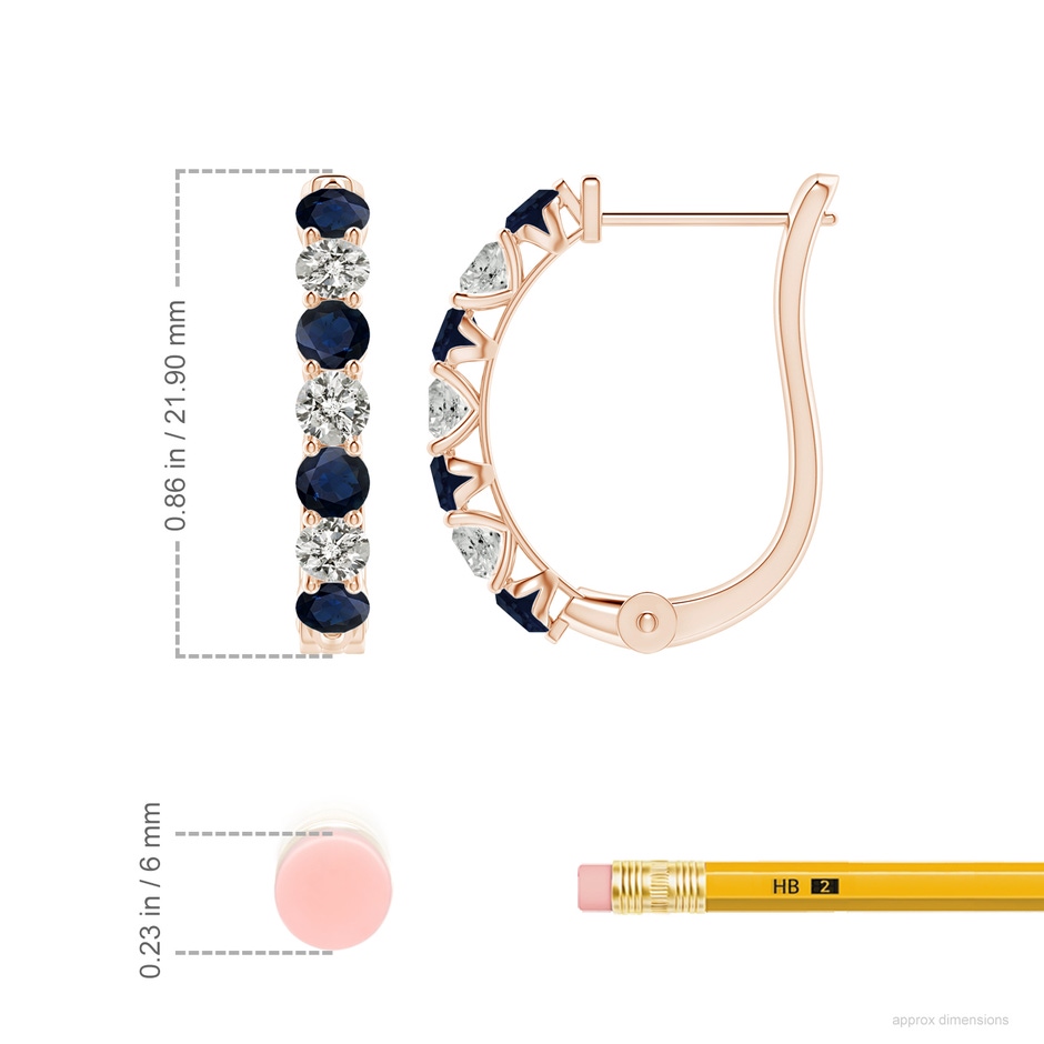 3mm A Sapphire and Diamond Huggie Hoop Earrings in Rose Gold ruler