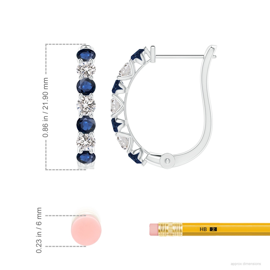 3mm AA Sapphire and Diamond Huggie Hoop Earrings in White Gold ruler