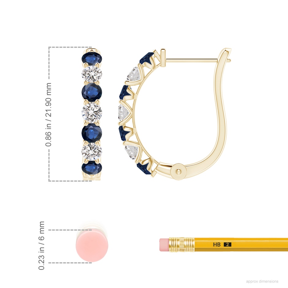 3mm AA Sapphire and Diamond Huggie Hoop Earrings in Yellow Gold ruler