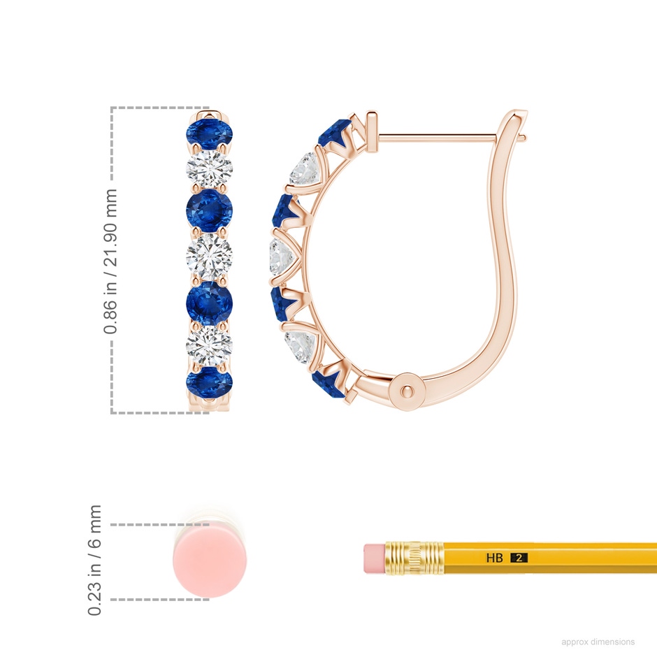 3mm AAA Sapphire and Diamond Huggie Hoop Earrings in Rose Gold ruler