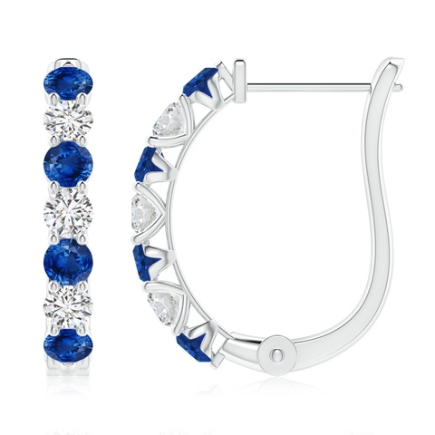3mm AAA Prong-Set Blue Sapphire and Diamond Huggie Hoop Earrings in White Gold