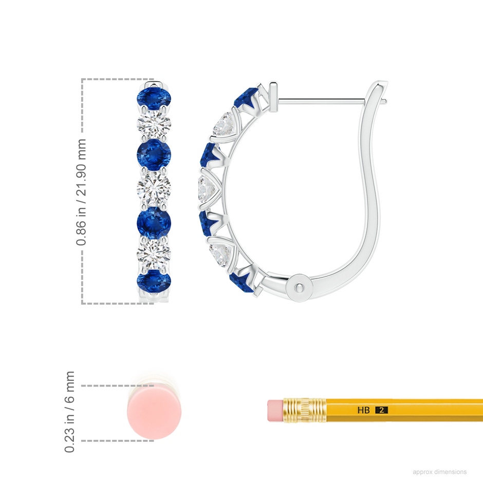 3mm AAA Sapphire and Diamond Huggie Hoop Earrings in White Gold ruler
