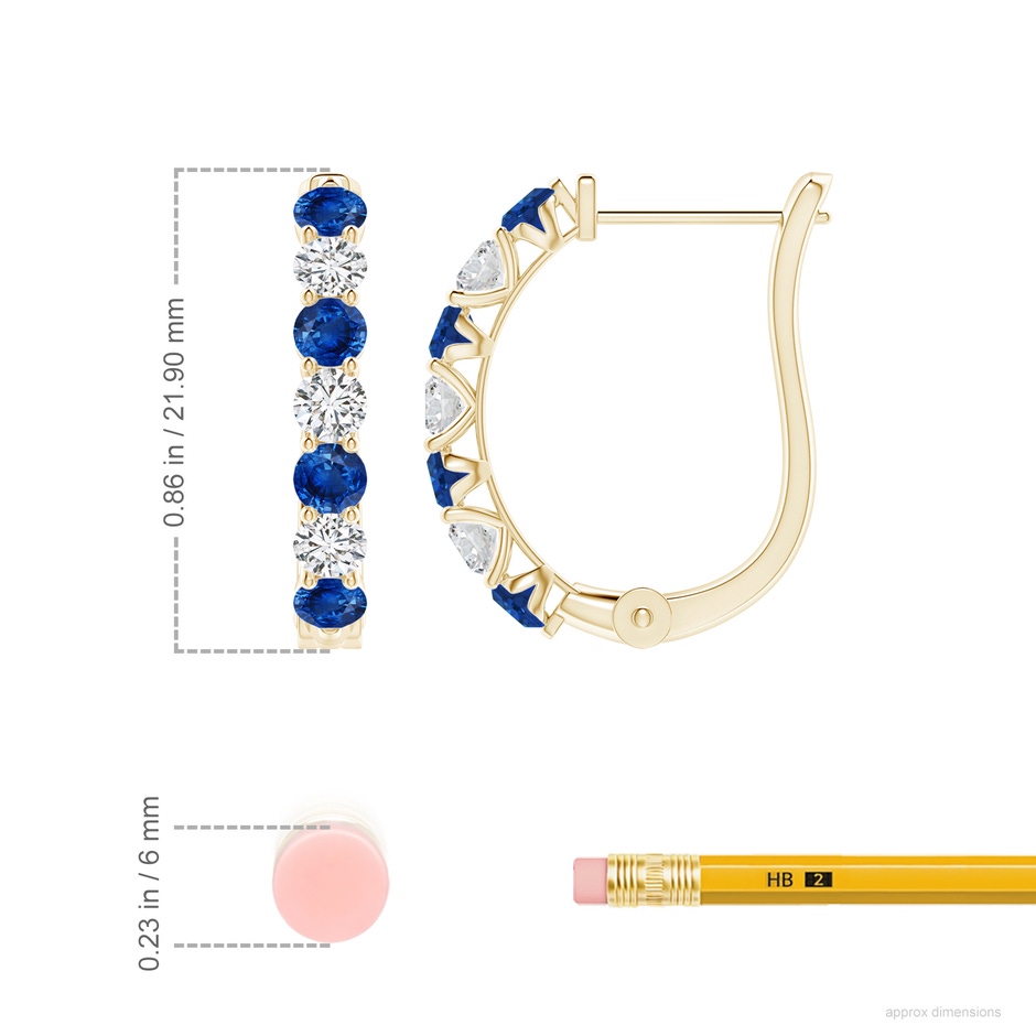 3mm AAA Sapphire and Diamond Huggie Hoop Earrings in Yellow Gold ruler