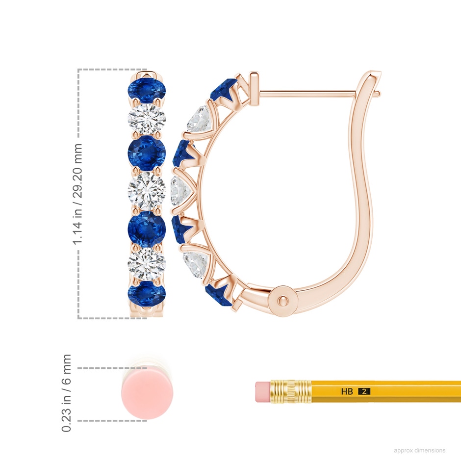 4mm AAA Sapphire and Diamond Huggie Hoop Earrings in Rose Gold ruler