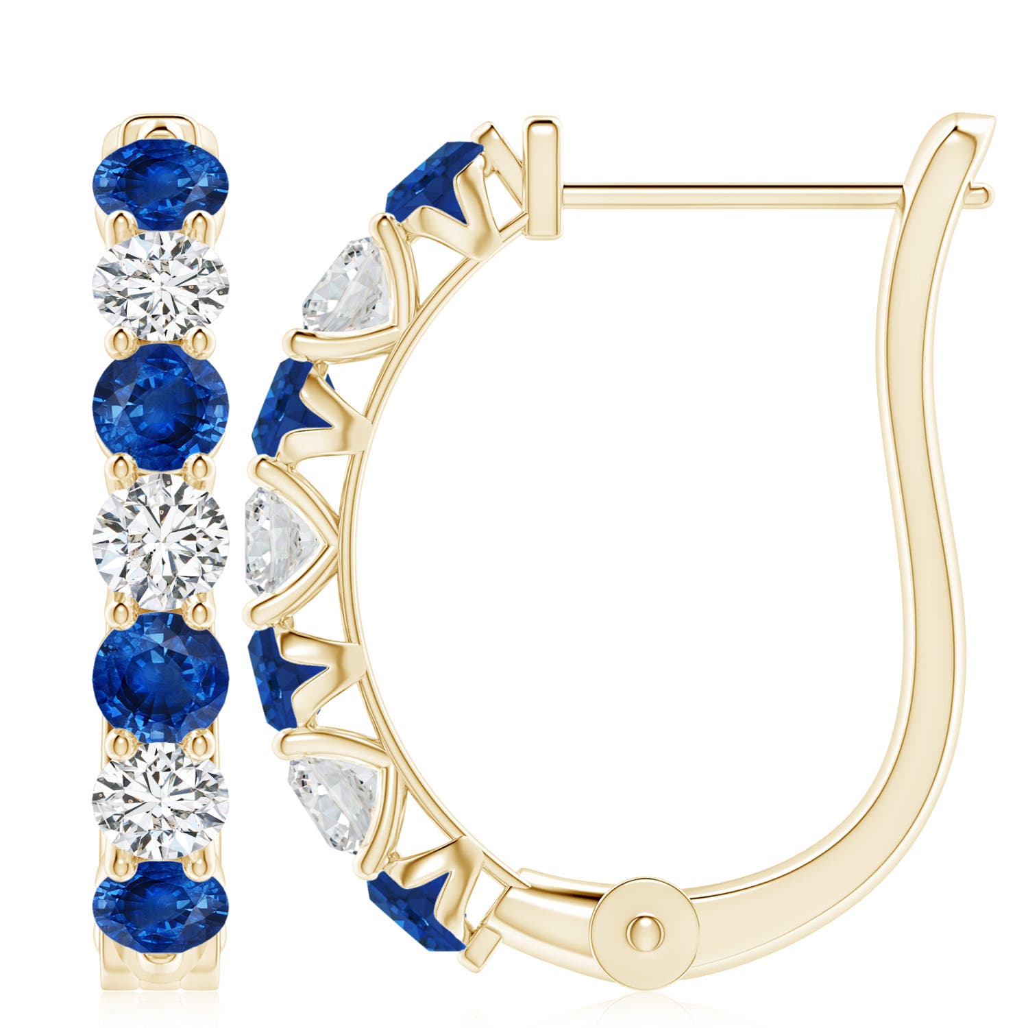 4mm AAA Prong-Set Blue Sapphire and Diamond Huggie Hoop Earrings in Yellow Gold