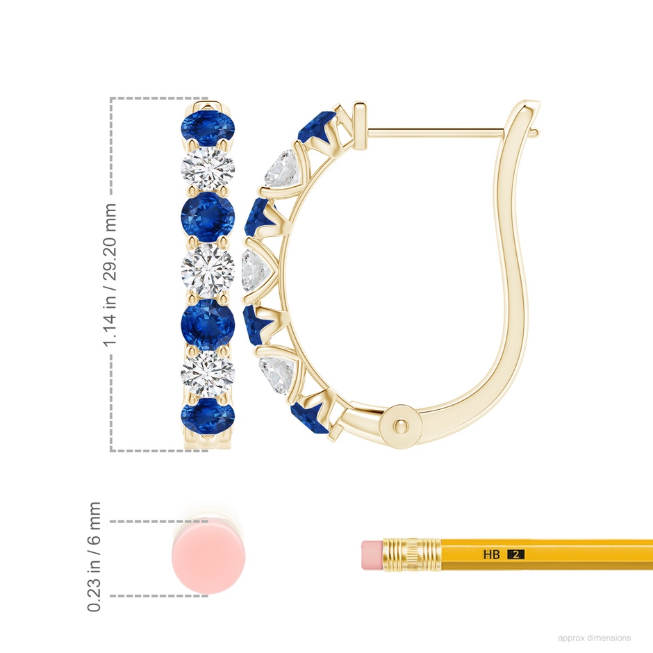 4mm AAA Sapphire and Diamond Huggie Hoop Earrings in Yellow Gold ruler