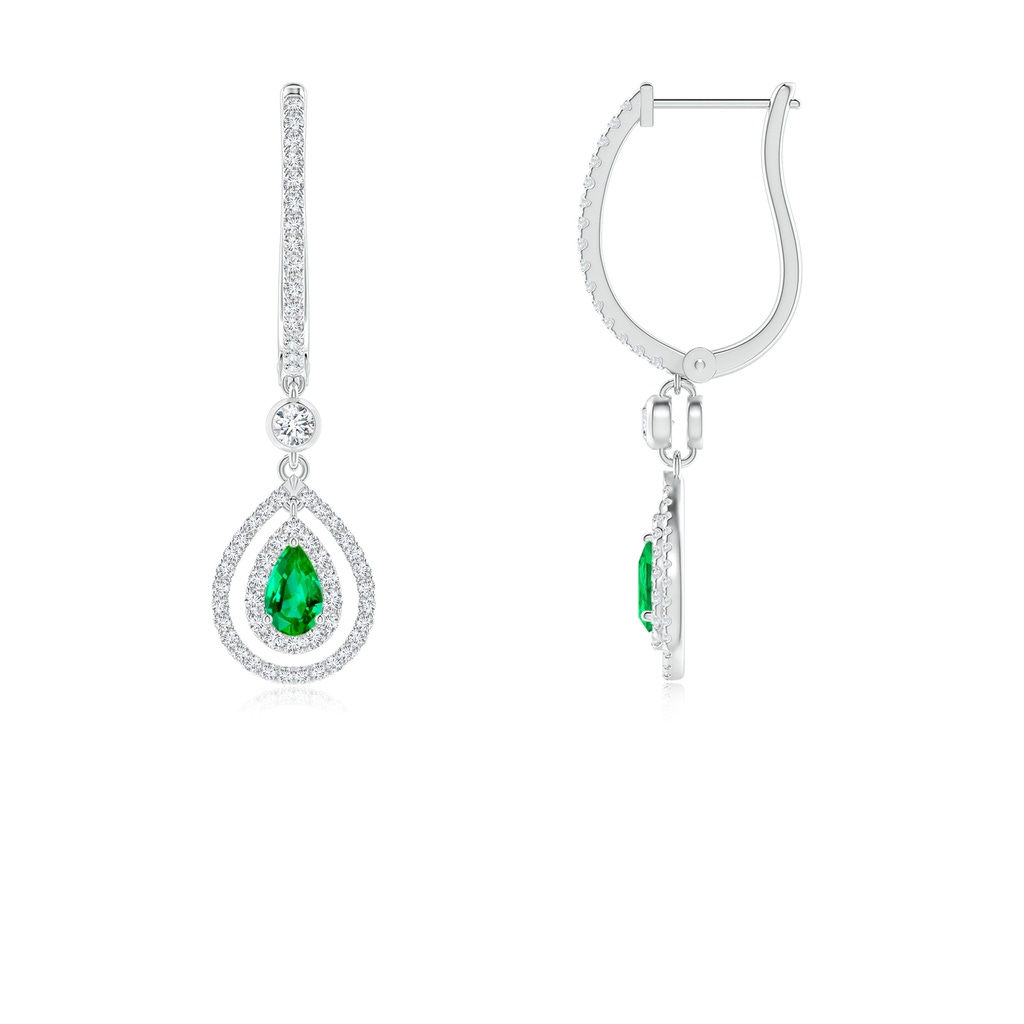 5x3mm AAA Pear-Shaped Emerald Double Halo Huggie Hoop Drop Earrings in White Gold