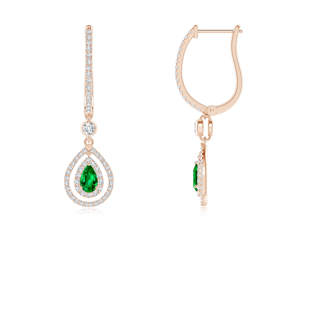 5x3mm AAAA Pear-Shaped Emerald Double Halo Huggie Hoop Drop Earrings in Rose Gold