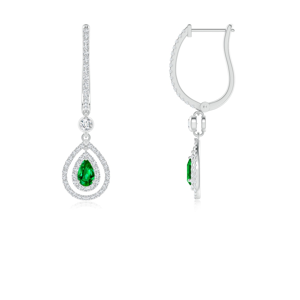 5x3mm AAAA Pear-Shaped Emerald Double Halo Huggie Hoop Drop Earrings in White Gold