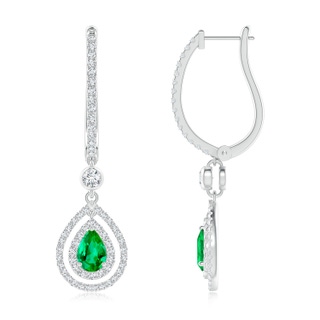 7x5mm AAA Pear-Shaped Emerald Double Halo Huggie Hoop Drop Earrings in White Gold
