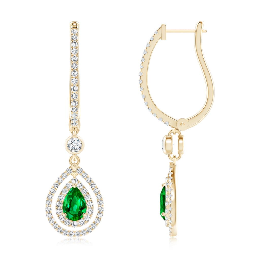 7x5mm AAAA Pear-Shaped Emerald Double Halo Huggie Hoop Drop Earrings in Yellow Gold