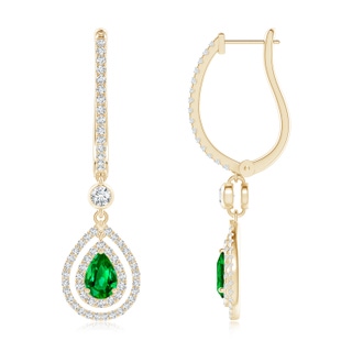 7x5mm AAAA Pear-Shaped Emerald Double Halo Huggie Hoop Drop Earrings in Yellow Gold