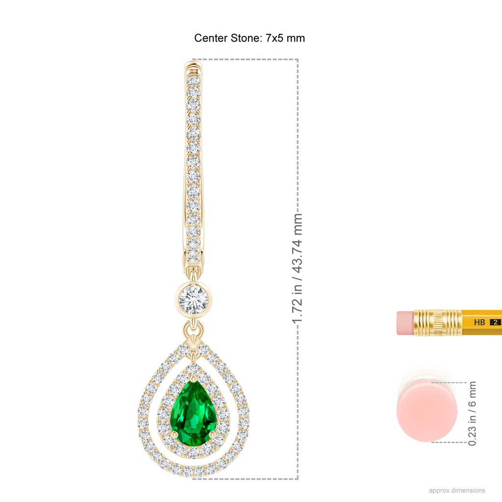 7x5mm AAAA Pear-Shaped Emerald Double Halo Huggie Hoop Drop Earrings in Yellow Gold Ruler