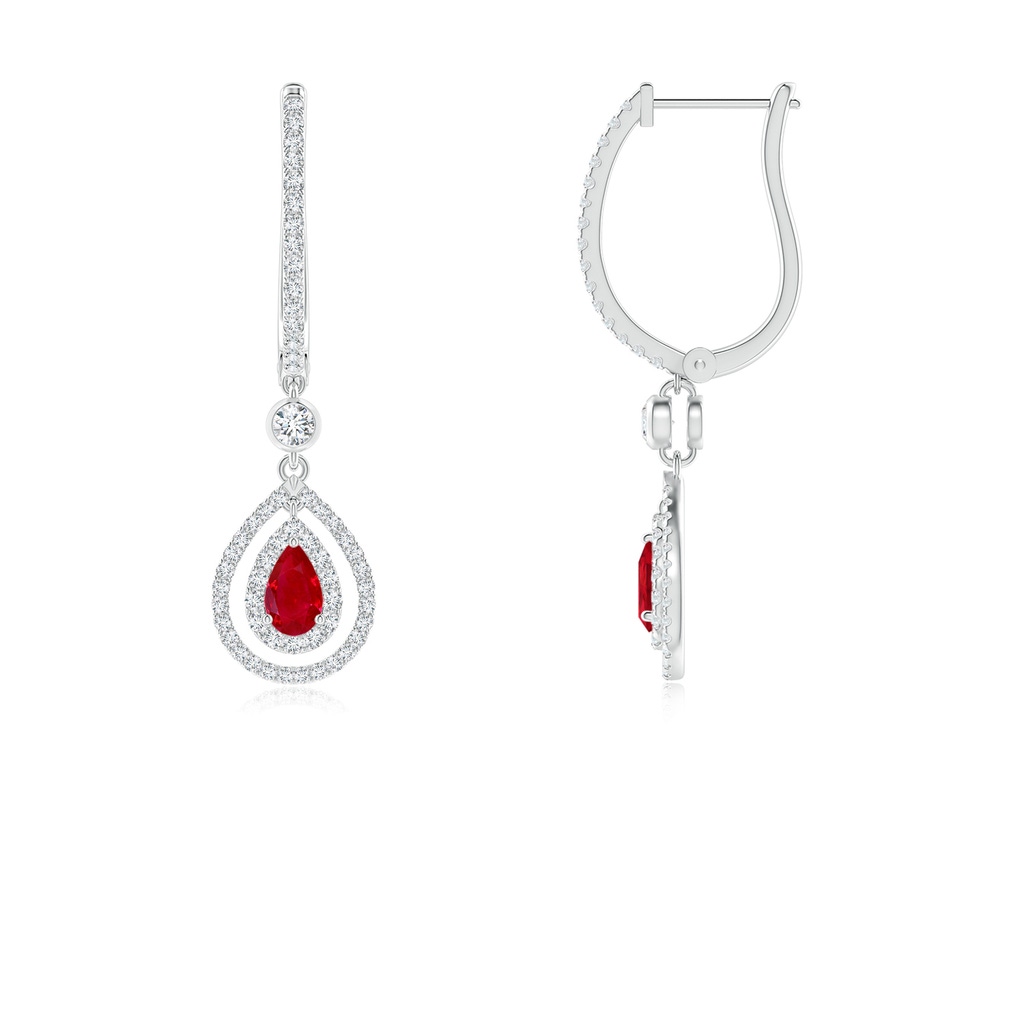 5x3mm AAA Pear-Shaped Ruby Double Halo Huggie Hoop Drop Earrings in White Gold