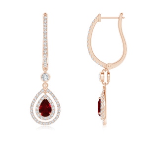 6x4mm AAAA Pear-Shaped Ruby Double Halo Huggie Hoop Drop Earrings in Rose Gold