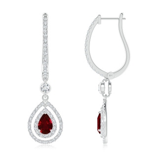 7x5mm AAAA Pear-Shaped Ruby Double Halo Huggie Hoop Drop Earrings in P950 Platinum