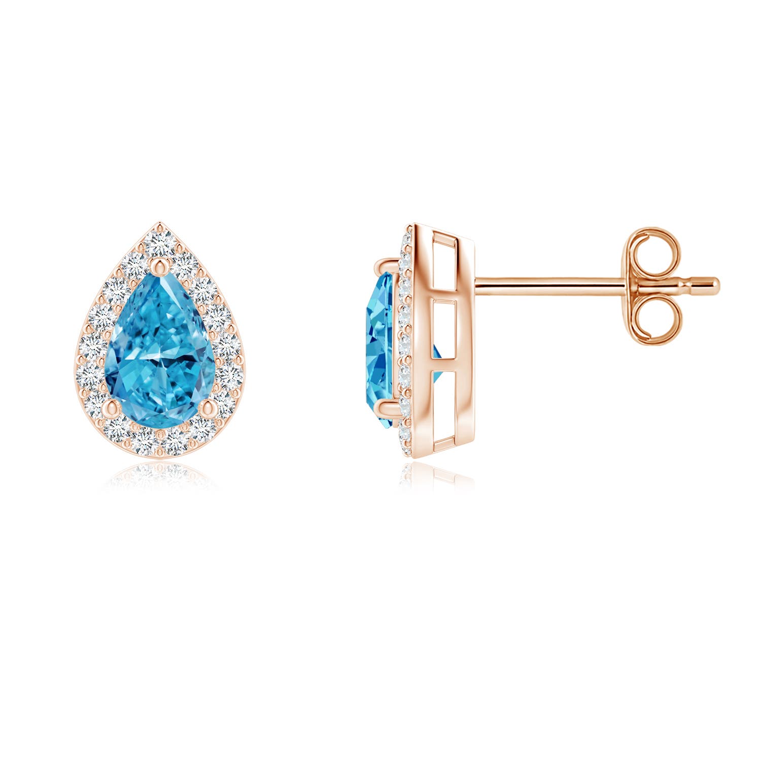 Angara 0.97 CTW Pear-Shaped Fancy Intense Blue Diamond Halo Stud Earrings in 14K Rose Gold