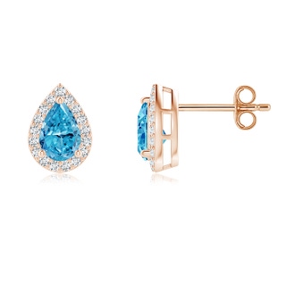 6x4mm AAAA Pear-Shaped Fancy Intense Blue Diamond Halo Stud Earrings in Rose Gold