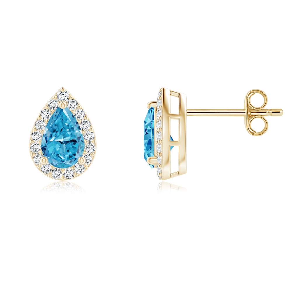 6x4mm AAAA Pear-Shaped Fancy Intense Blue Diamond Halo Stud Earrings in Yellow Gold