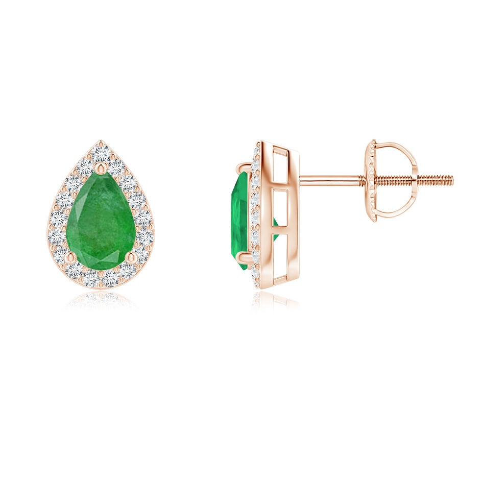 6x4mm A Pear-Shaped Emerald Halo Stud Earrings in Rose Gold 