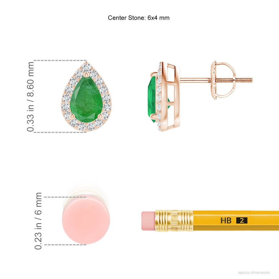 6x4mm A Pear-Shaped Emerald Halo Stud Earrings in Rose Gold ruler