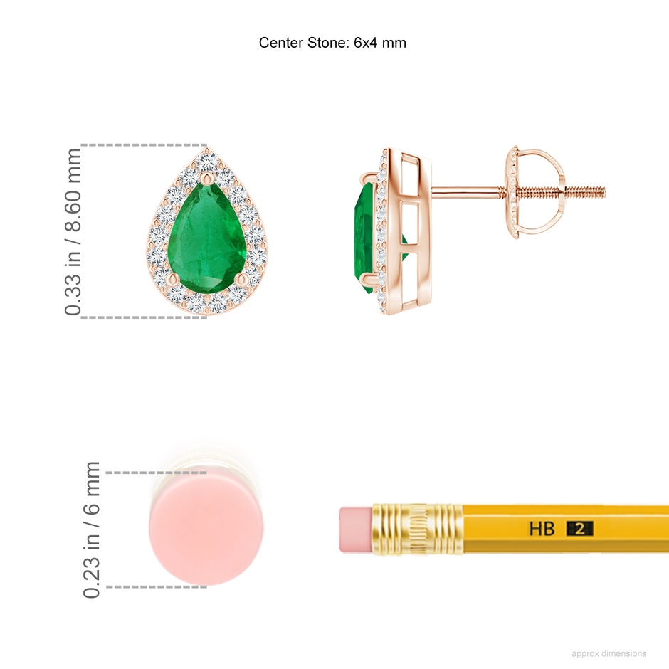 6x4mm AA Pear-Shaped Emerald Halo Stud Earrings in Rose Gold ruler
