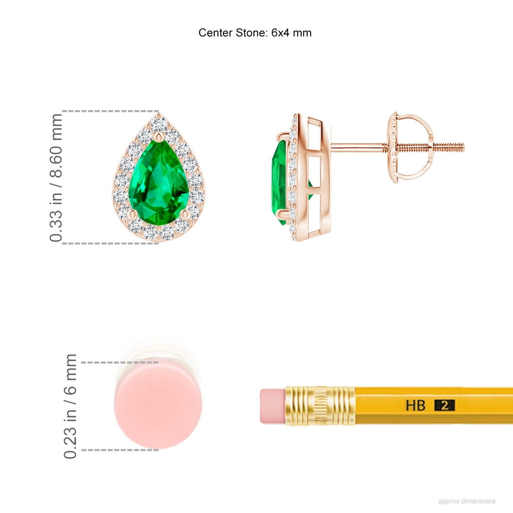 6x4mm AAA Pear-Shaped Emerald Halo Stud Earrings in Rose Gold ruler