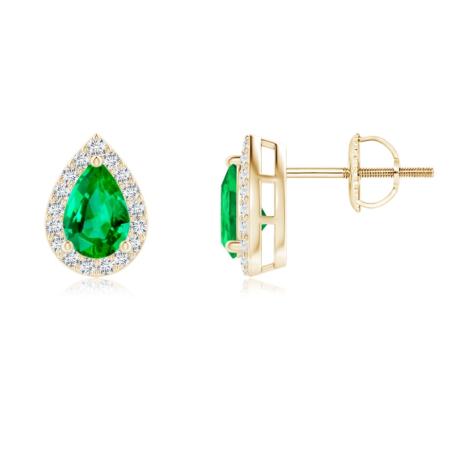 6x4mm AAA Pear-Shaped Emerald Halo Stud Earrings in Yellow Gold 