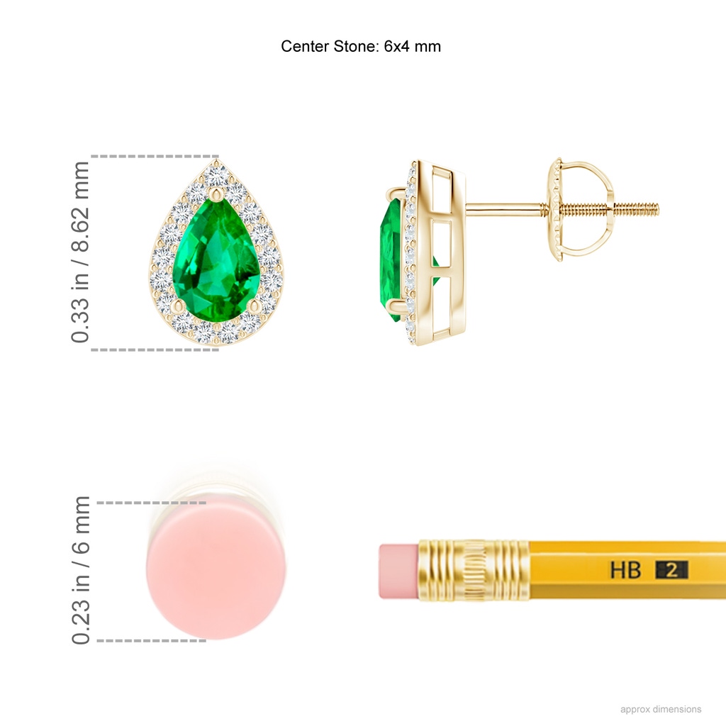 6x4mm AAA Pear-Shaped Emerald Halo Stud Earrings in Yellow Gold Ruler