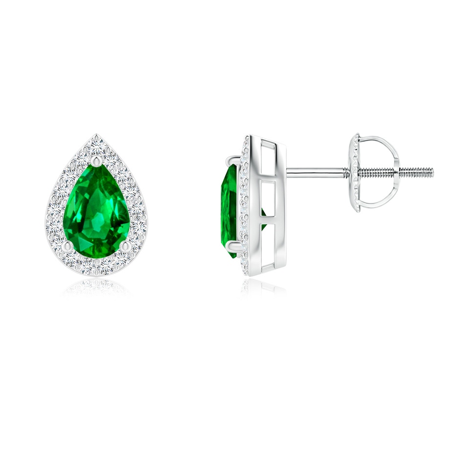 6x4mm AAAA Pear-Shaped Emerald Halo Stud Earrings in 18K White Gold 