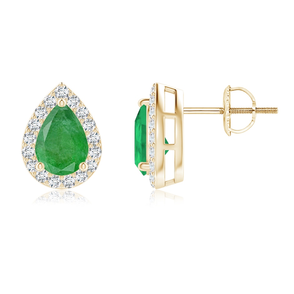7x5mm A Pear-Shaped Emerald Halo Stud Earrings in Yellow Gold 