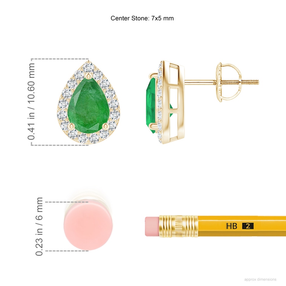 7x5mm A Pear-Shaped Emerald Halo Stud Earrings in Yellow Gold ruler