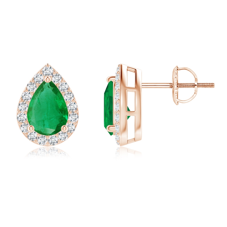 7x5mm AA Pear-Shaped Emerald Halo Stud Earrings in Rose Gold 