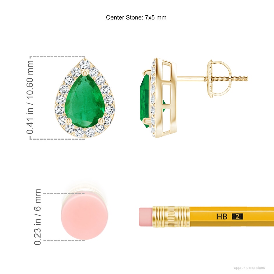 7x5mm AA Pear-Shaped Emerald Halo Stud Earrings in Yellow Gold ruler