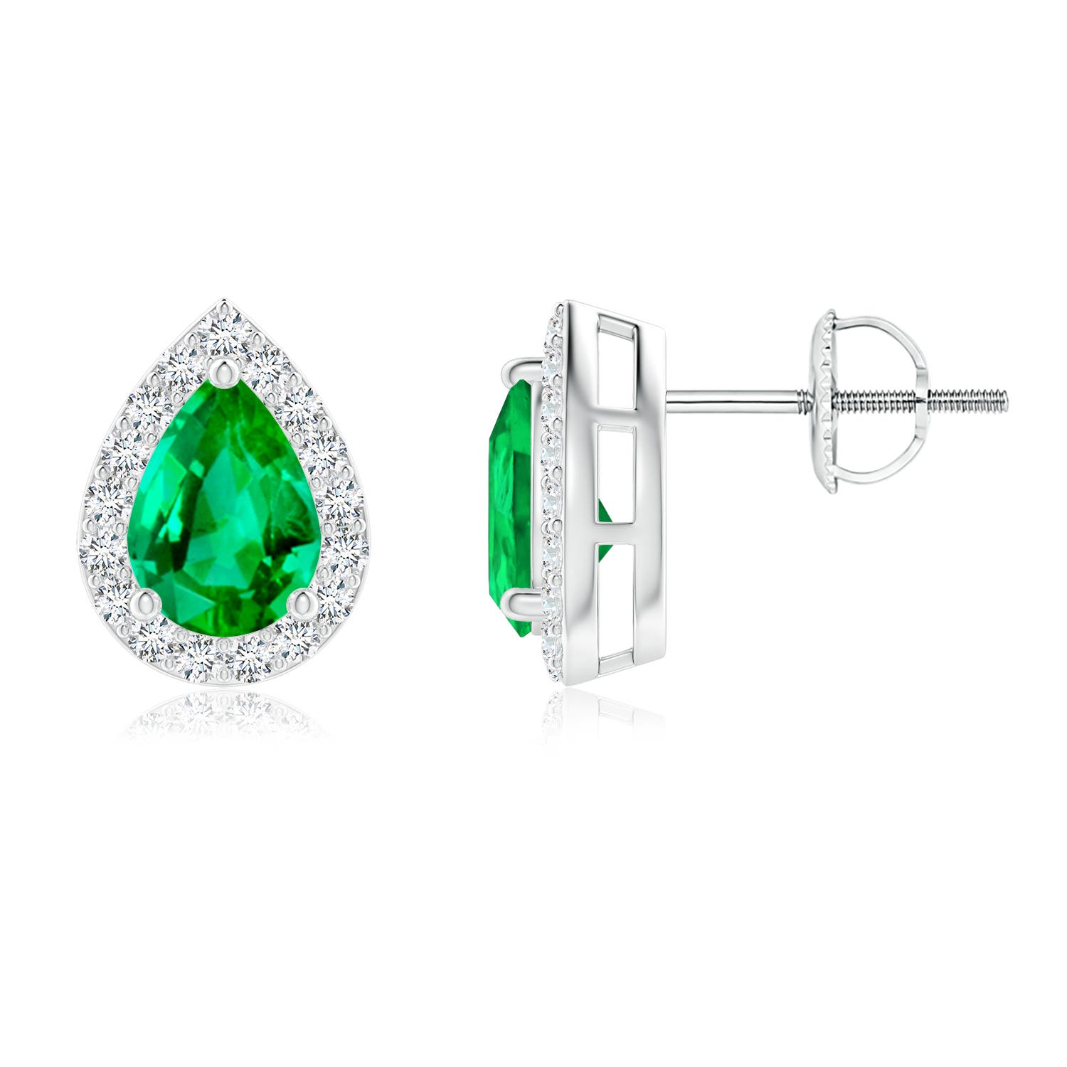 7x5mm AAA Pear-Shaped Emerald Halo Stud Earrings in 18K White Gold