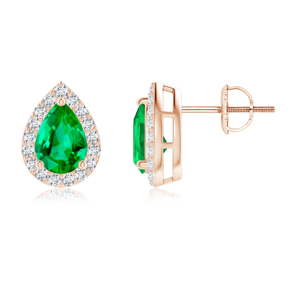 7x5mm AAA Pear-Shaped Emerald Halo Stud Earrings in Rose Gold 